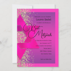 Convites Bat Mitzvah Rosa Ombre Púrpura Dourado Brilhante