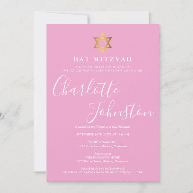 Convites Bat Mitzvah Rosa Script Elegante (Frente)