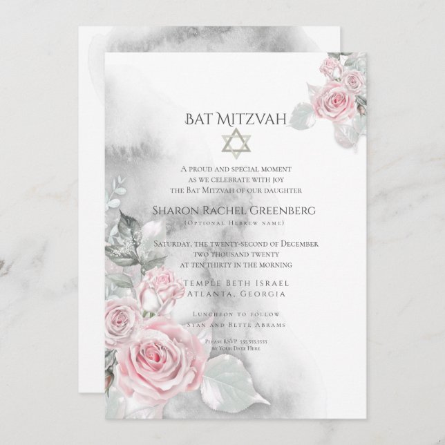 Convites BAT MITZVAH | Rosas de Aquarela Rosa Elegante (Frente/Verso)