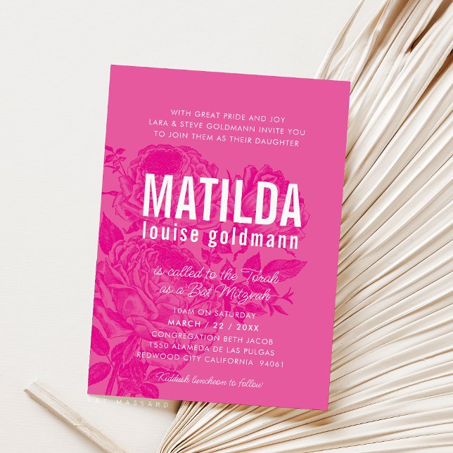 Convites BAT MITZVAH rosas elegantes modernos, cor-de-rosa  (Criador carregado)