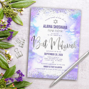Convites Bat Mitzvah roxo água-forte prata script