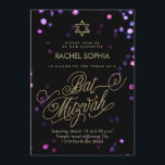 Convites Bat Mitzvah | Roxo Elegante e Dourado<br><div class="desc">O confete de buracos cintilantes brilha em cor-de-rosa translúcida, roxo e azul ao fundo deste glamouroso convite de Bat Mitzvah, com uma estrela de folha dourada falsa de David e um marcador de brilho dourado "Bat Mitzvah" num roteiro de rico com muitos florescimento. Por favor, note que NÃO é folha...</div>