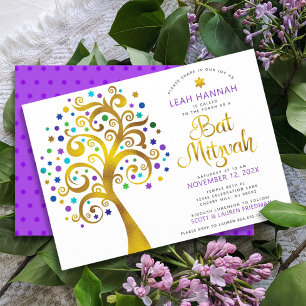 Convites Bat Mitzvah Roxo Folha Dourada Árvore da Vida Mode