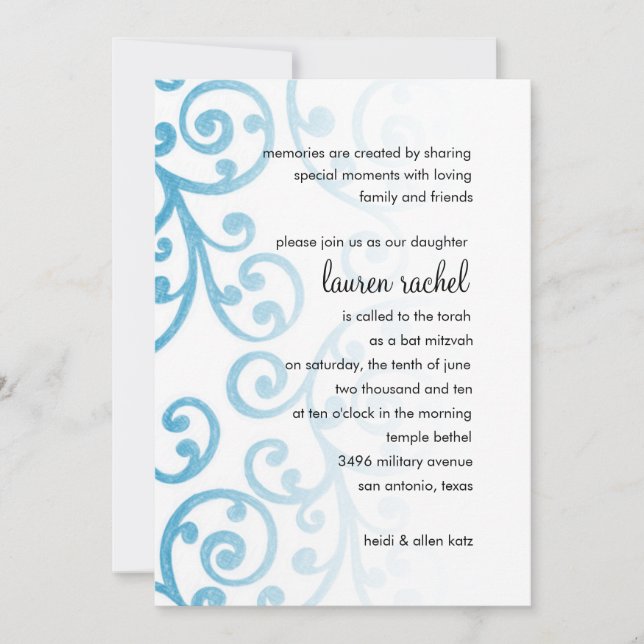 Convites Bat Mitzvah Scroll Pattern Turquoise (Frente)