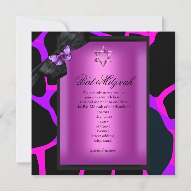 Convites Bat Mitzvah Selvagem Rosa Roxo Borboleta (Frente)