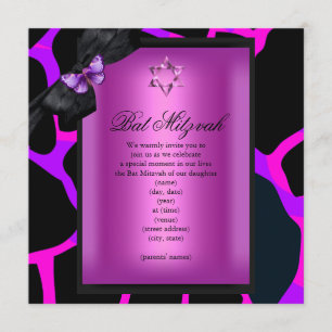 Convites Bat Mitzvah Selvagem Rosa Roxo Borboleta