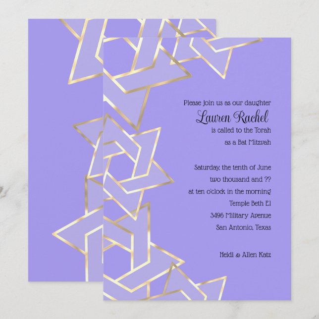Convites Bat Mitzvah Sheer Dourada Star de David a Qualquer (Frente/Verso)