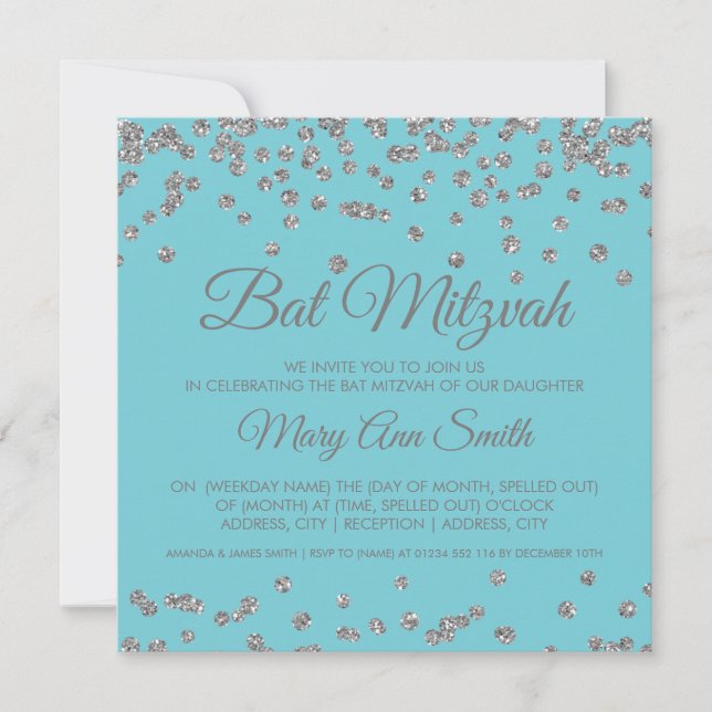 Convites Bat Mitzvah Silver Glitter Confetti Robin Egg Blue (Frente)