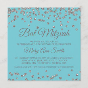 Convites Bat Mitzvah Silver Glitter Confetti Robin Egg Blue