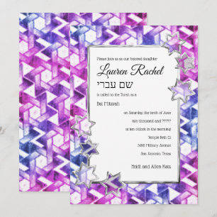 Convites Bat Mitzvah Silver Star Purple Watercolor Damask