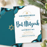 Convites Bat Mitzvah Simple Modern Turquoise Agate Script<br><div class="desc">Tenha orgulho, alegria e mostre este marco do seu Bat Mitzvah favorito! Envie este convite legal, único, moderno, personalizado, com nome hebraico para um evento que se lembre. Tipografia do roteiro azul-escuro e estrela dourada-falsa de David sobrepõe um fundo branco simples e limpo com azul-turquesa acentuado com veias douradas falsas....</div>