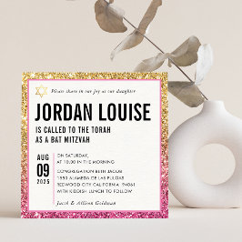 Convites BAT MITZVAH simples brilho de ouro rosa-chic moder