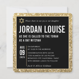 Convites BAT MITZVAH simples brilho preto de vidro moderno