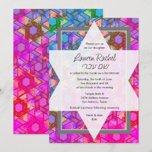 Convites Bat Mitzvah Star: David Blue e Pink Damask