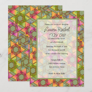 Convites Bat Mitzvah Star de David Damask Verde Rosa Amarel