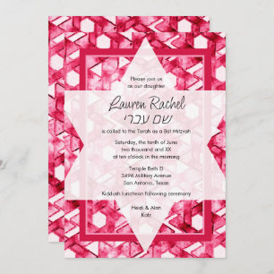 Convites Bat Mitzvah Star de David Pink Damask