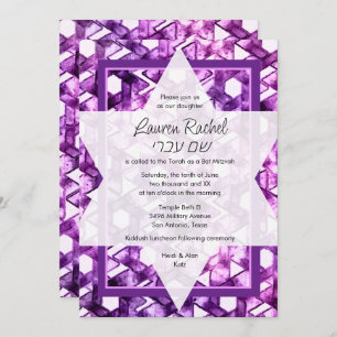Convites Bat Mitzvah Star de David Purple Damask