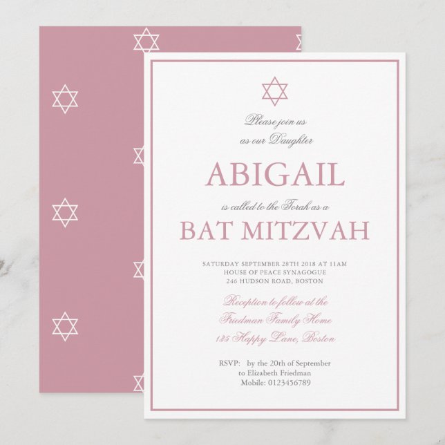 Convites Bat Mitzvah Star do judeu-rosa David (Frente/Verso)