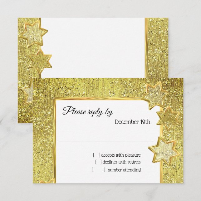 Convites Bat Mitzvah Stars Glitter RSVP Dourado (Frente/Verso)