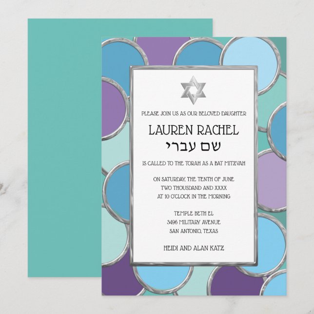 Convites Bat Mitzvah Suas Cores Círculos em Prata (Frente/Verso)