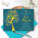 Convites Bat Mitzvah Teal Blue Chic Gold Tree of Life<br><div class="desc">Tenha orgulho, alegria e mostre este marco do seu Bat Mitzvah favorito! Esta escaravana escura, gráfica, de folha de ouro, com turquesa cintilante, teal, púrpura e azul, Estrela de David e "folhas" de ponto sobre um fundo azul-lacre rico e escuro, é o convite perfeito para esta ocasião especial. Uma pequena,...</div>