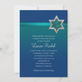 Convites Bat Mitzvah Teal Blue Ribbon e Star