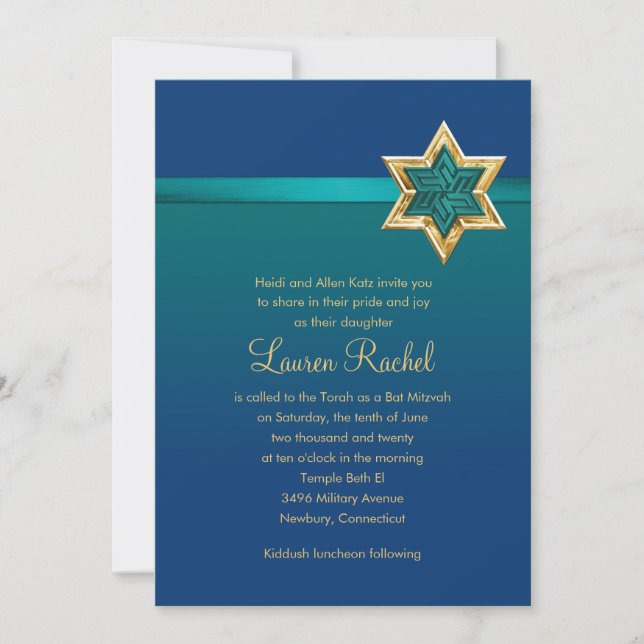 Convites Bat Mitzvah Teal Blue Ribbon e Star (Frente)