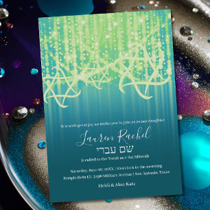 Convites Bat Mitzvah Teal Blue Verde limão Luzes brilhantes