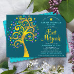 Convites Bat Mitzvah Teal Gold Foil - Árvore Escrita de Fol<br><div class="desc">Tenha orgulho, alegria e mostre este marco do seu Bat Mitzvah favorito! Esta escaravana escura, gráfica, de folha de ouro, com turquesa cintilante, teal, púrpura e azul, Estrela de David e "folhas" de ponto sobre um fundo azul-lacre rico e escuro, é o convite perfeito para esta ocasião especial. Uma pequena,...</div>