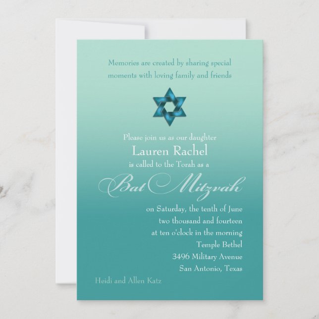 Convites Bat Mitzvah Teal Ombre com Star (Frente)