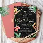 Convites Bat Mitzvah Tropical Black Dourada Aquarela<br><div class="desc">Tenha orgulho, alegria e mostre este marco do seu Bat Mitzvah favorito com este sofisticado e personalizado convite! Na moda, atordoante, colorida, aves aquáticas tropicais de flores paraíso, falso roteiro dourado manuscrito, Estrela de David e pontos brilhantes, juntamente com o moderno tipo sans serif, sobrepõem um fundo preto e dramático....</div>