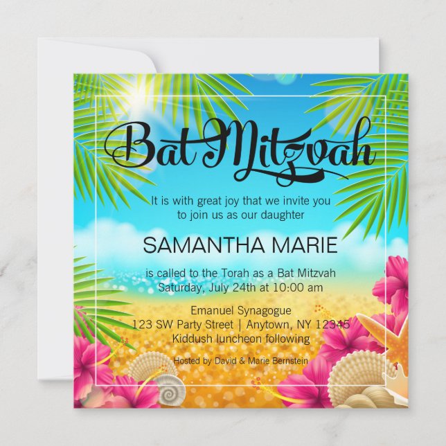 Convites Bat Mitzvah Tropical de Praia com Hibisco Rosa (Frente)