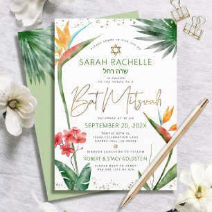 Convites Bat Mitzvah Tropical Dourado Script Flora Aquarela