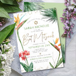 Convites Bat Mitzvah Tropical Floral Watercolor Script Dour<br><div class="desc">Tenha orgulho, alegria e mostre este marco do seu Bat Mitzvah favorito com este sofisticado e personalizado convite! Na moda, atordoante, colorida, aves aquáticas tropicais de flores do paraíso, escrita falsa em ouro manuscrita, Estrela de David e pontos brilhantes, juntamente com serifa verde e cinza moderna de sans, sobrepõem um...</div>