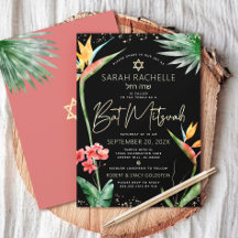 Bat Mitzvah Tropical Preto Dourado Floral Aquarela