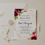 Convites Bat Mitzvah, Turco Dourado Geométrico<br><div class="desc">Este convite de burgundy bat mitzvah,  que é um pincel de ouro geométrico,  é perfeito para um simples bat mitzvah. O design apresenta flores cor-de-água,  cor-de-rosa,  esbranquiçadas,  vermelhas,  arrojadas e bordo,  com folhagem verde,  enfeitando uma moldura geométrica dourada.</div>