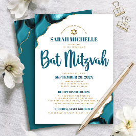 Convites Bat Mitzvah Turquesa Ágata Script 2 Local Moderno