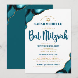Convites Bat Mitzvah Turquesa Ágata Script 2 Local Moderno