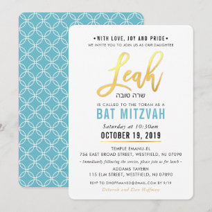 Convites BAT MITZVAH turquesa de ouro azul LEAH