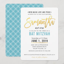 Convites BAT MITZVAH turquesa de ouro azul SAMANTHA