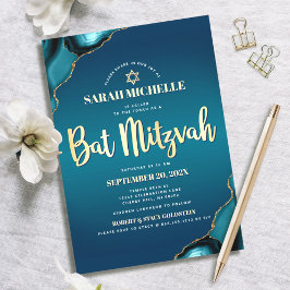 Convites Bat Mitzvah Turquesa Ombre Ágata Dourado Script Ch