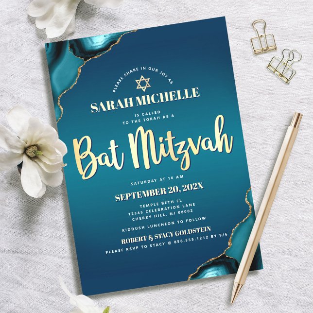 Convites Bat Mitzvah Turquesa Ombre Ágata Dourado Script Ch (Criador carregado)