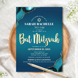 Convites Bat Mitzvah Turquesa Ombre Ágata Dourado Script Ne