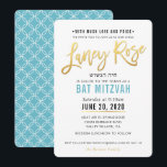 Convites BAT MITZVAH turquesa ouro azul-guisado LANEY ROSA<br><div class="desc">pelo kat massard >> kat@simplysweetPAPERIE.com <<< design de convite de tendência para o BAR/BAT MITZVAH do seu filho como modelo é simples adicionar seus próprios detalhes ou clicar no botão personalizar e você pode adicionar ou alterar texto, fontes, tamanhos etc DICA: 1. Para alterar/mover gráficos / alterar a cor de...</div>