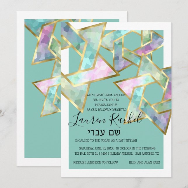 Convites Bat Mitzvah Turquesa Roxo Azul Estrela de Davi (Frente/Verso)
