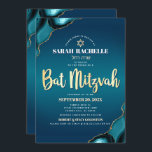 Convites Bat Mitzvah Turquoise Agate Dourado Script Bold<br><div class="desc">Tenha orgulho, alegria e mostre este marco do seu Bat Mitzvah favorito! Envie este convite legal, único, moderno, personalizado, com nome hebraico para um evento que se lembre. Tipografia de folha de ouro falsa, tipografia de sans serif branca, e uma estrela de ouro falsa de David sobrepõem um fundo azul-azul-turquesa...</div>
