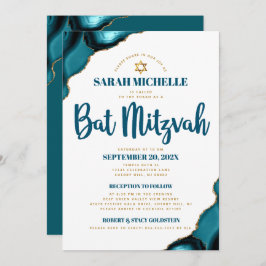 Convites Bat Mitzvah Turquoise Agate Script 2 Venue Modern