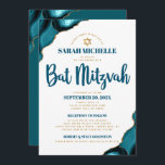Convites Bat Mitzvah Turquoise Agate Script 2 Venue Modern<br><div class="desc">Tenha orgulho, alegria e mostre este marco do seu Bat Mitzvah favorito! Enviar este convite legal, único, moderno e personalizado para um evento que se lembre. Tipografia do roteiro azul-escuro e estrela dourada-falsa de David sobrepõe um fundo branco simples e limpo com azul-turquesa acentuado com veias douradas falsas. Personalize o...</div>