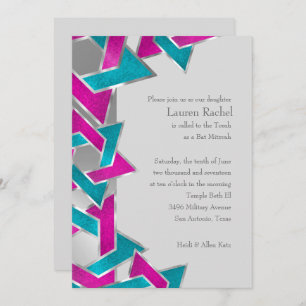 Convites Bat Mitzvah Turquoise Estrela Rosa de David Qualqu