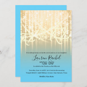 Convites Bat Mitzvah Turquoise Luzes Douradas Espontadas Az